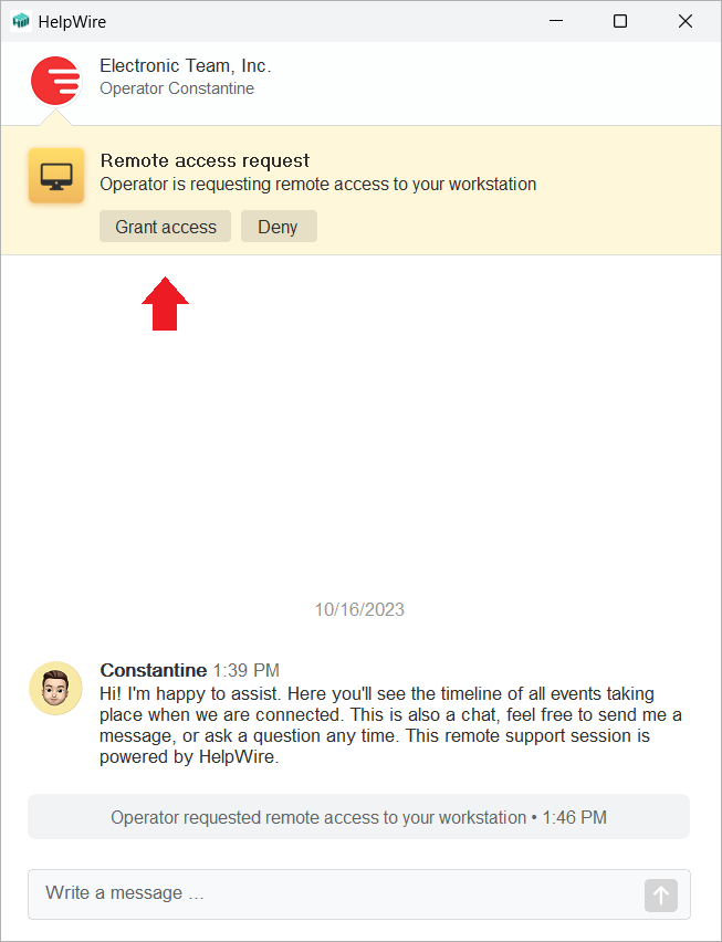 Granting remote access permission to Operator in the HelpWire Client app