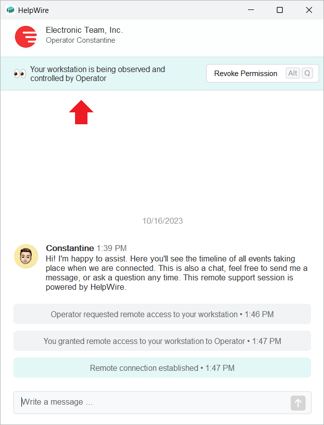 Notification about the client’s workstation being controlled by Operator