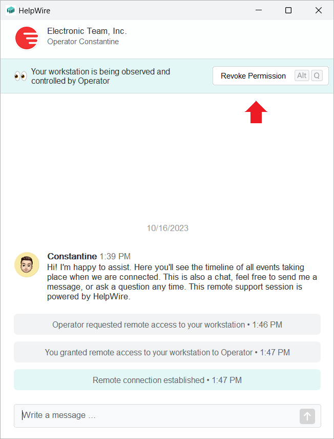 Using the Revoke Permission button in the HelpWire Client app