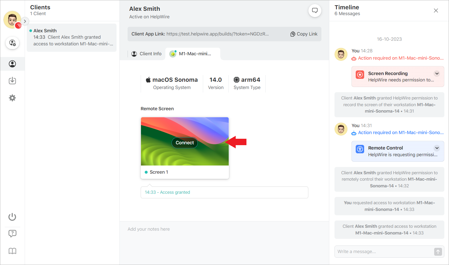 Connecting to the remote client’s workstation with HelpWire