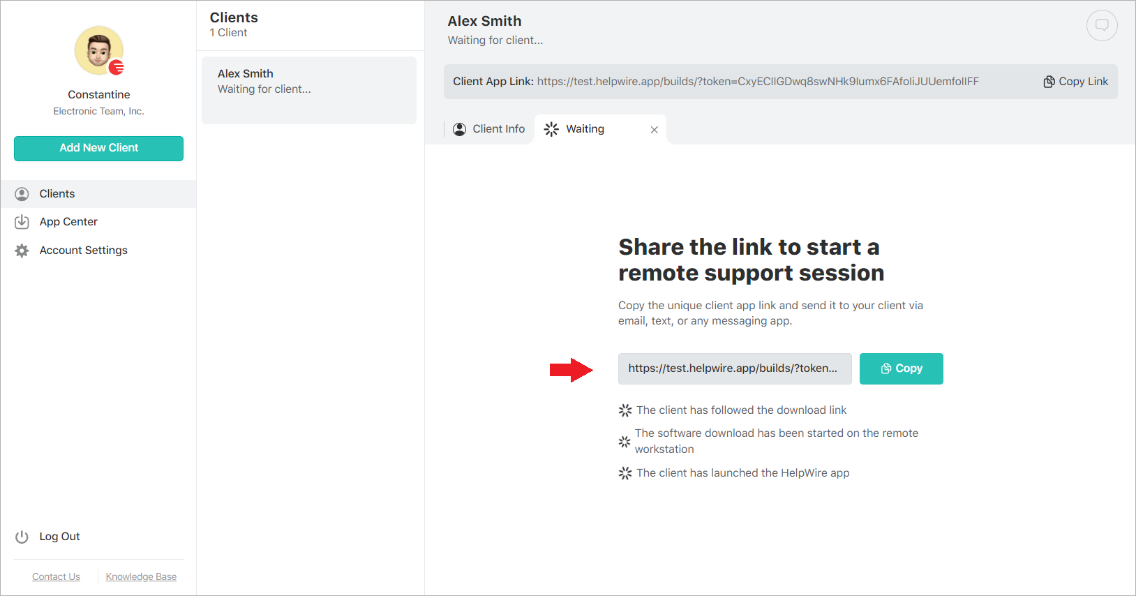 Sharing the client app link with a client to start a remote control session in HelpWire