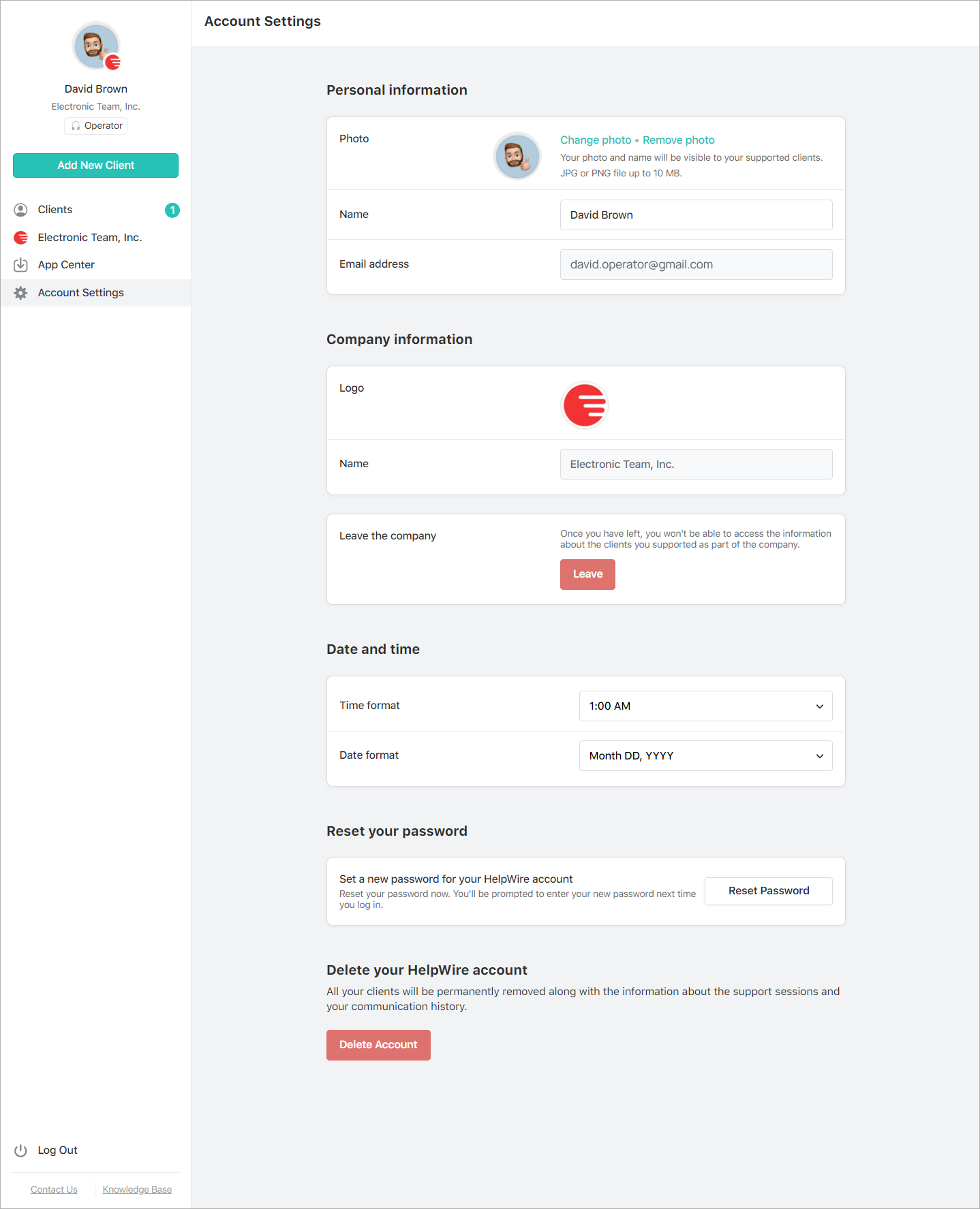 The HelpWire account settings