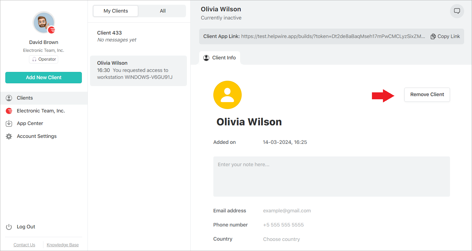 Removing the client from the operator's HelpWire web account