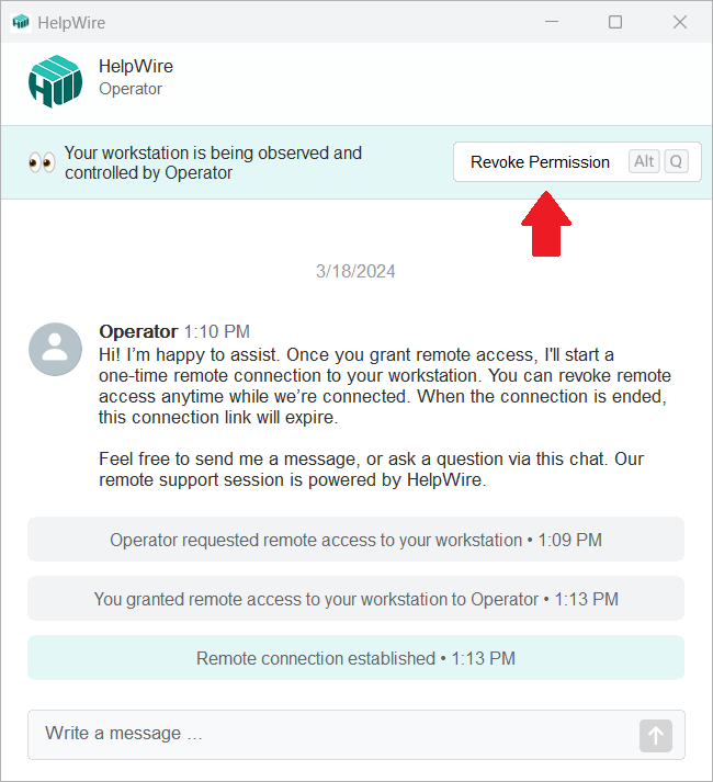 HelpWire quick session guide: revoking remote access permission