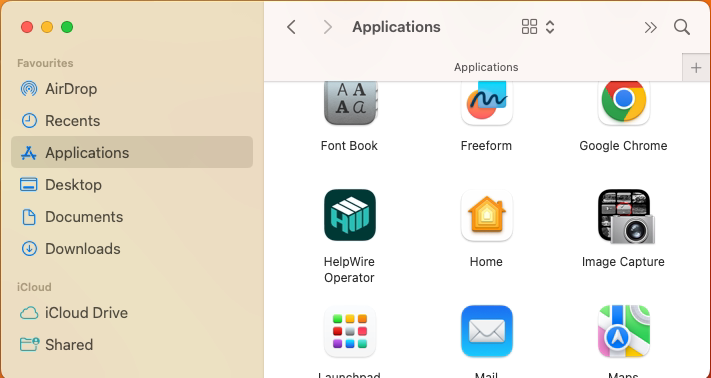 Finding the HelpWire Operator app in Applications on macOS