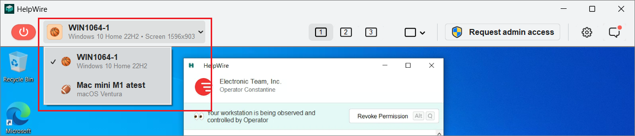 Choosing client’s workstation to connect to in the HelpWire Operator app