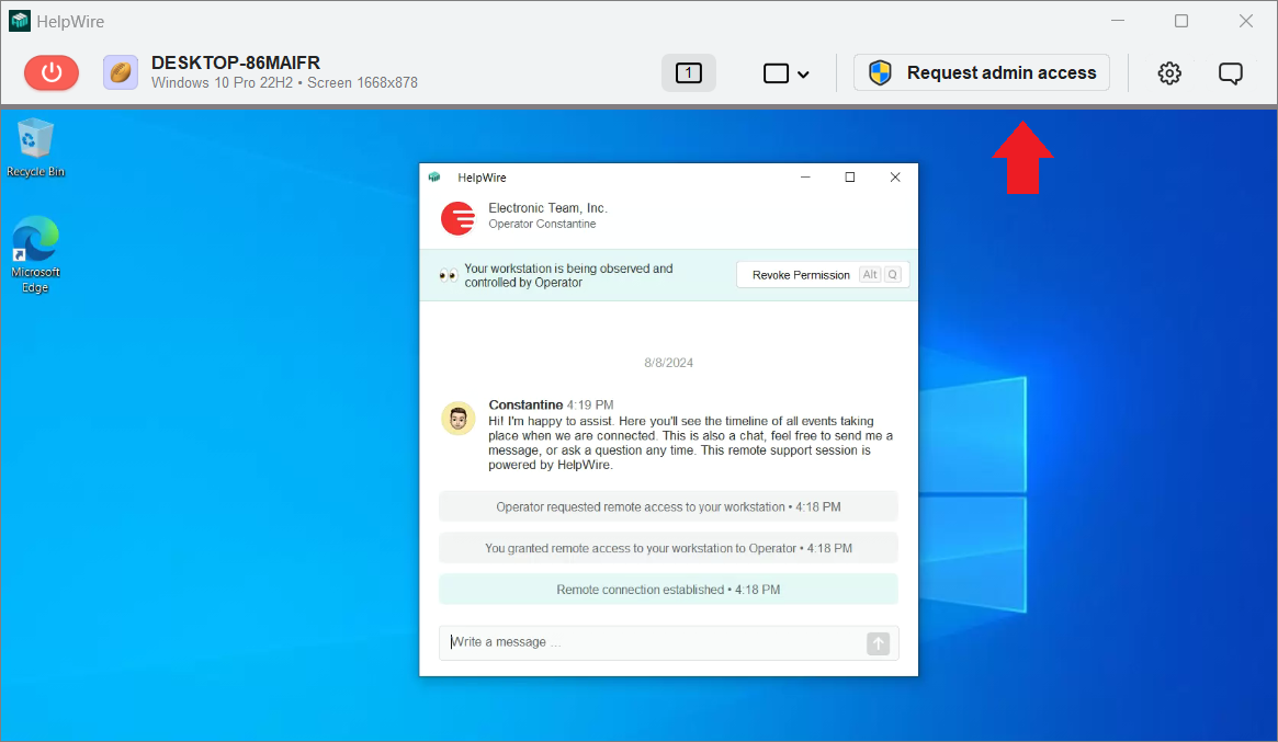 Clicking the Request admin access button on the Helpwire Operator app toolbar