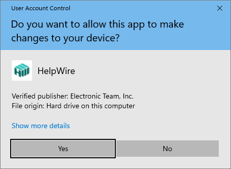 Confirming the HelpWire app restart with admin rights on the client’s side