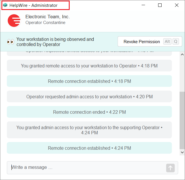 Chat window showing that Operator now has admin access to Client's workstation