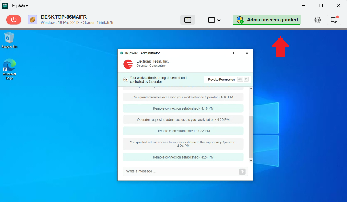 Notification “Admin access granted” on the HelpWire toolbar