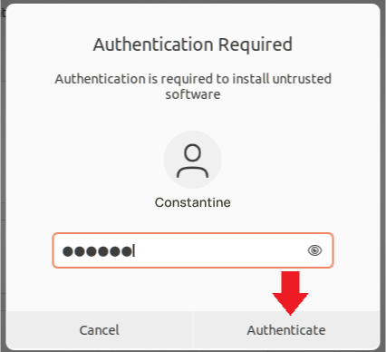 Entering your password to authenticate HelpWire installation