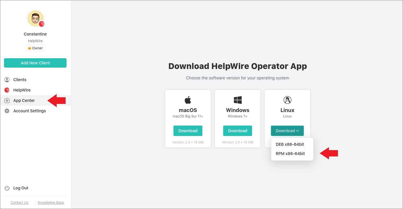 Downloading the HelpWire RPM package from the App Center