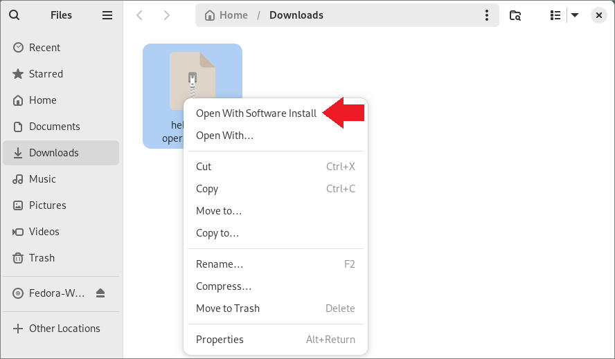 Selecting the option “Open with Software Install” to install HelpWire