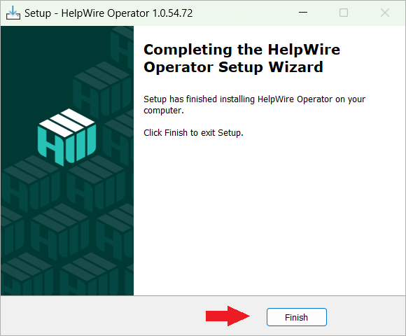 Completing the HelpWire installation process by clicking the Finish button