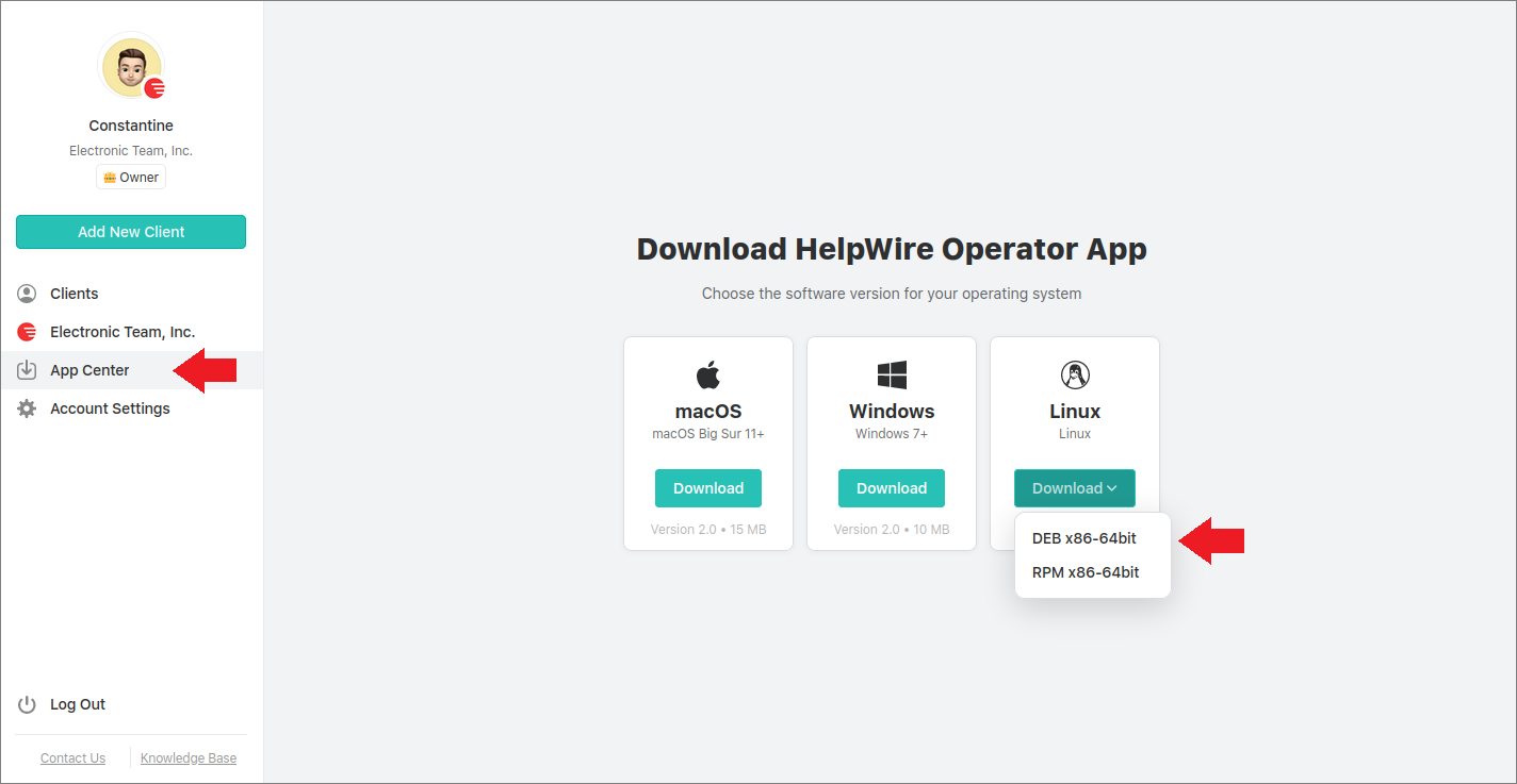 Downloading the HelpWire DEB package from the App Center