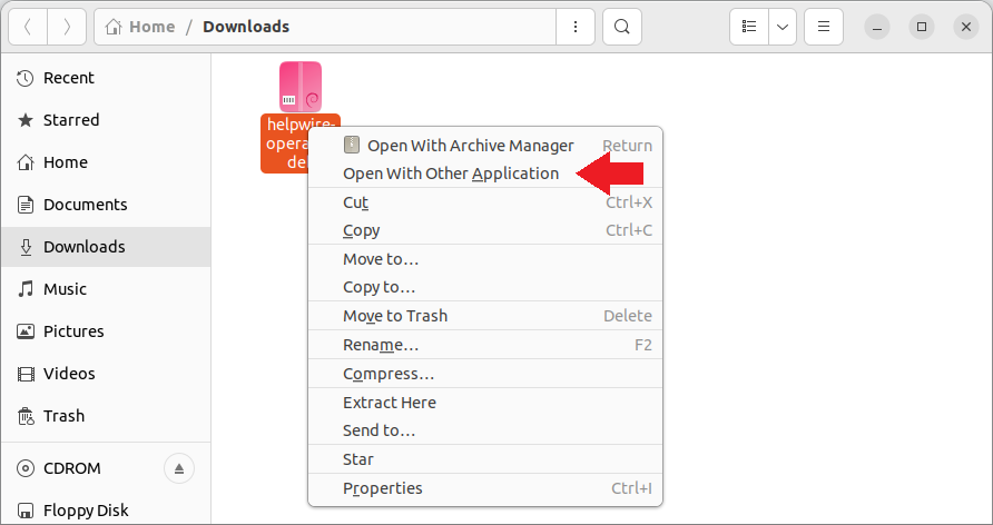 Using the option ‘Open With Other Application’ to open the HelpWire app file