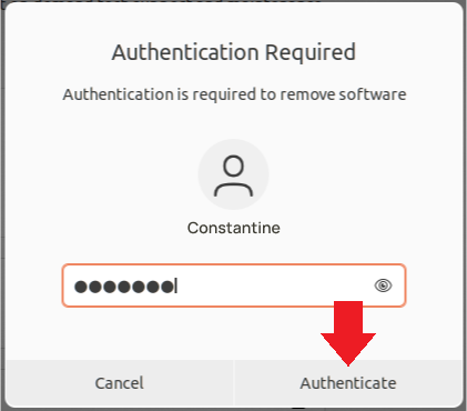 Entering your password to complete the uninstallation process