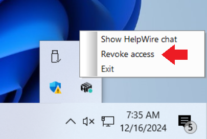 Revoking unattended access from the context menu in the system tray