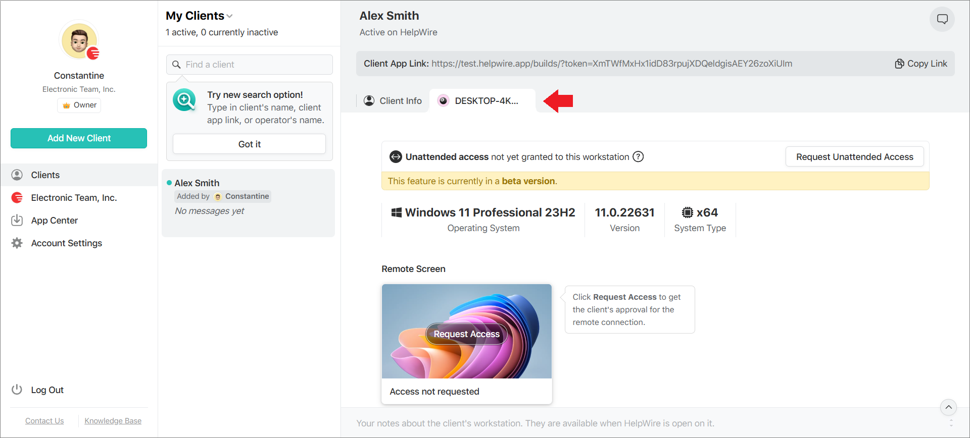 Unattended access guide: opening the tab with the required client’s workstation