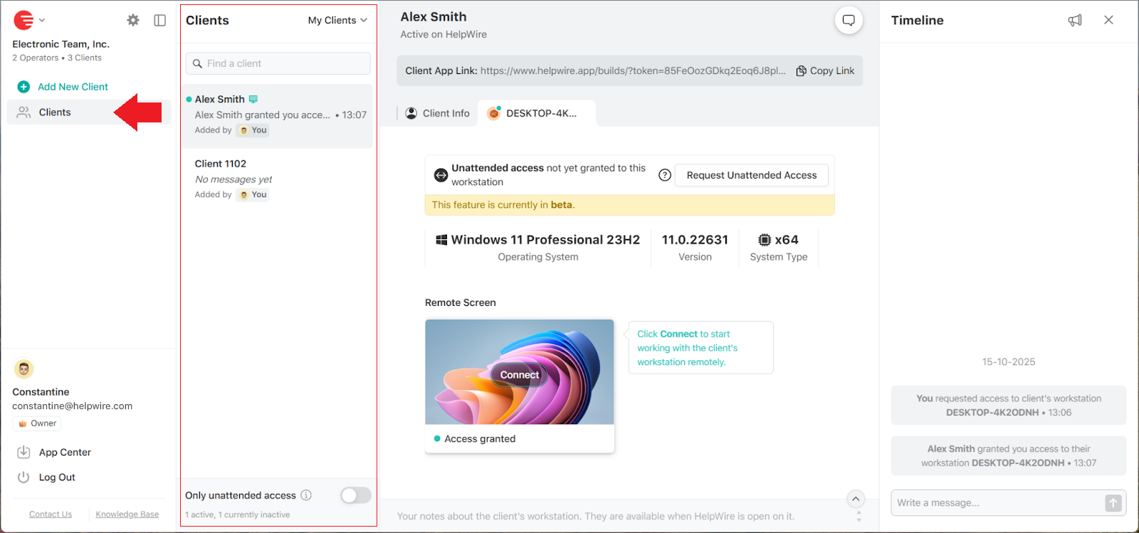 Accessing the clients list in online HelpWire account
