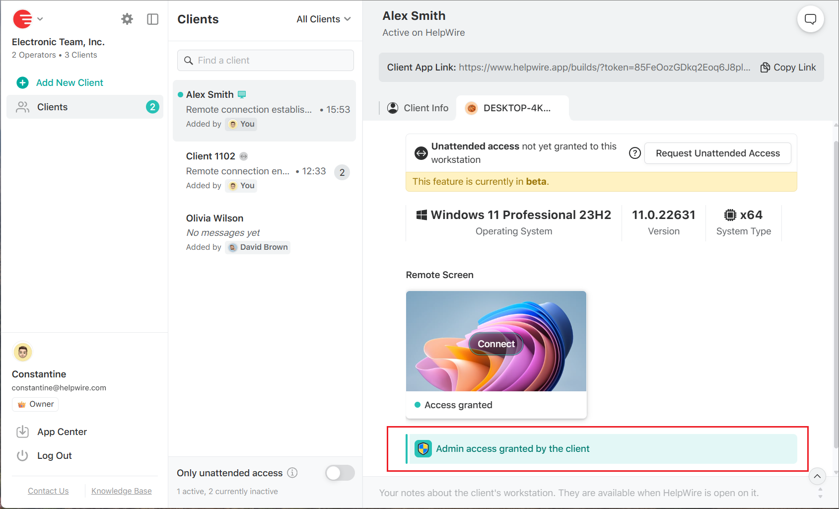 Notification “Admin access granted by the client” in the HelpWire account