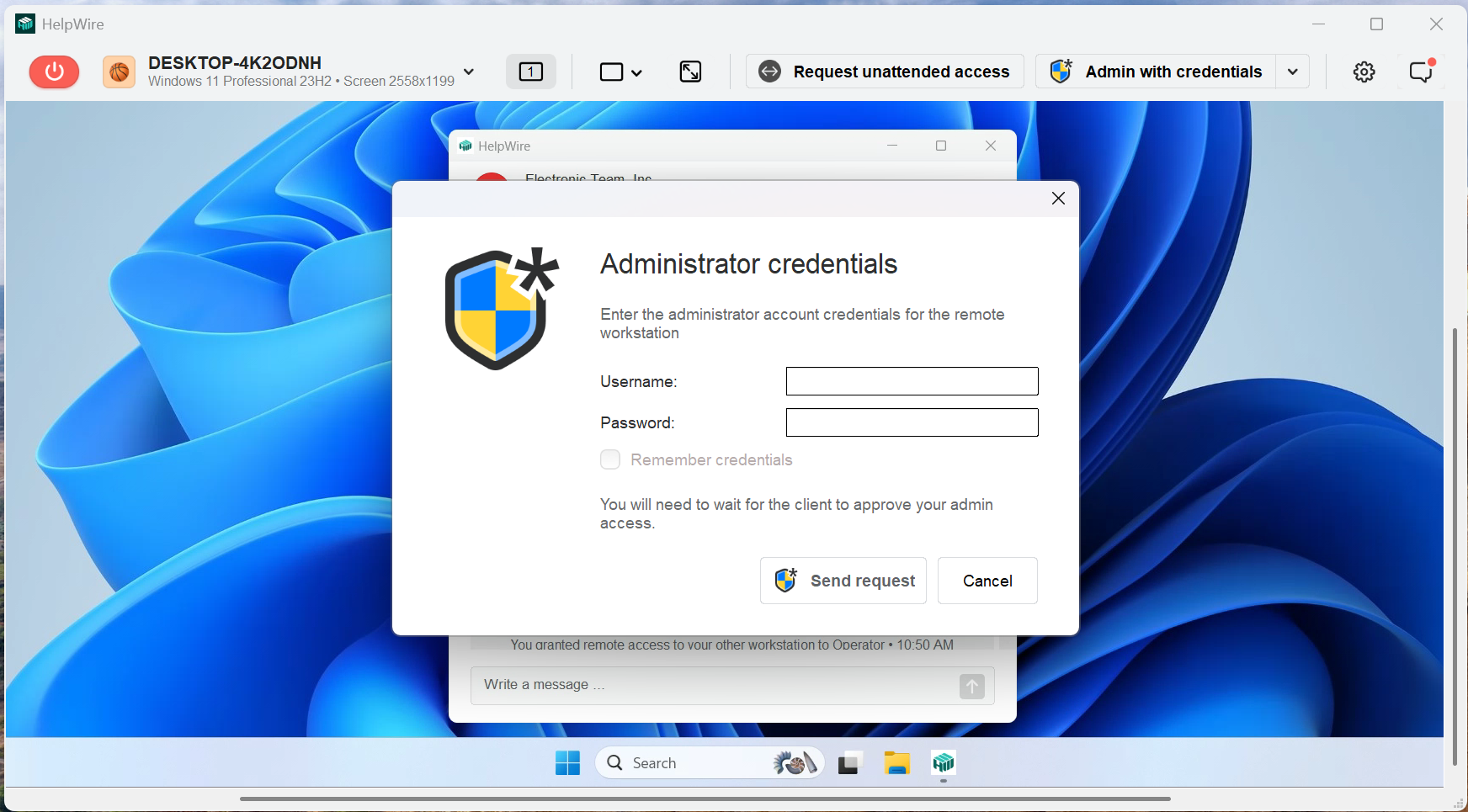 Entering administrator credentials