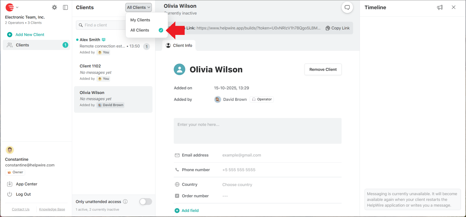 Viewing the All clients list in the online HelpWire account