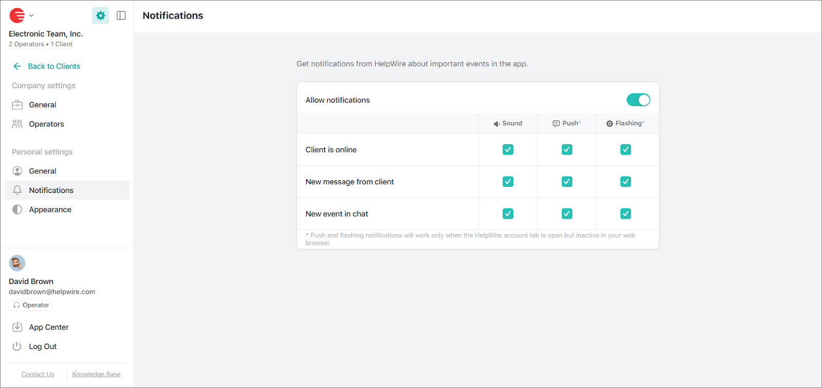 Allowing notifications in the Personal Settings
