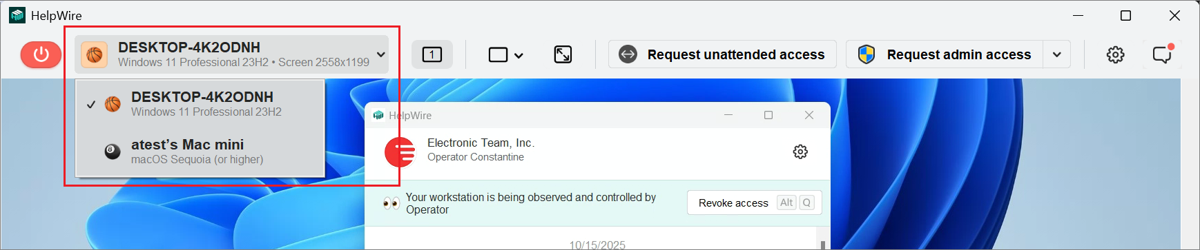 Choosing client’s workstation to connect to in the HelpWire Operator app