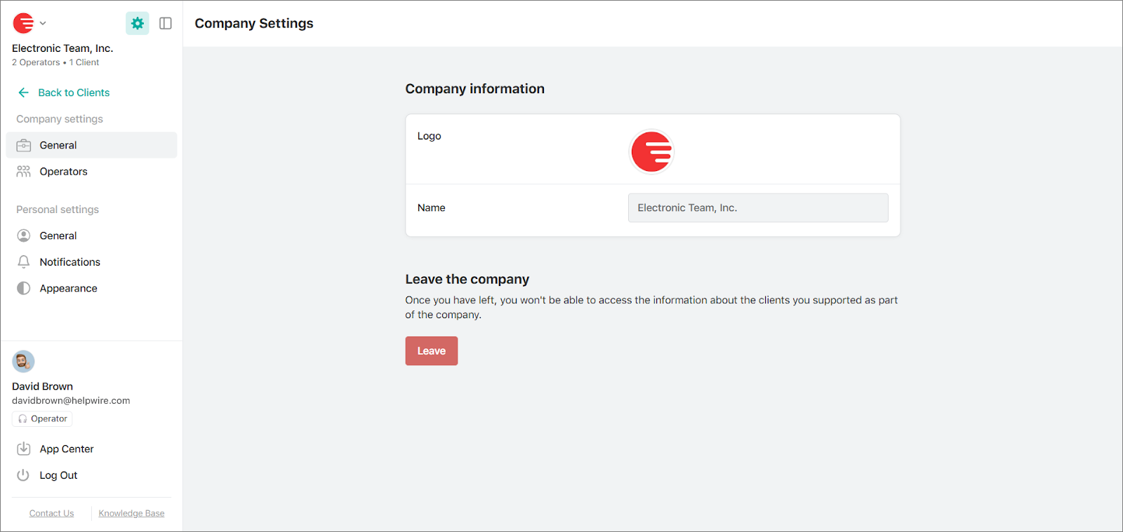 Company settings in a HelpWire account