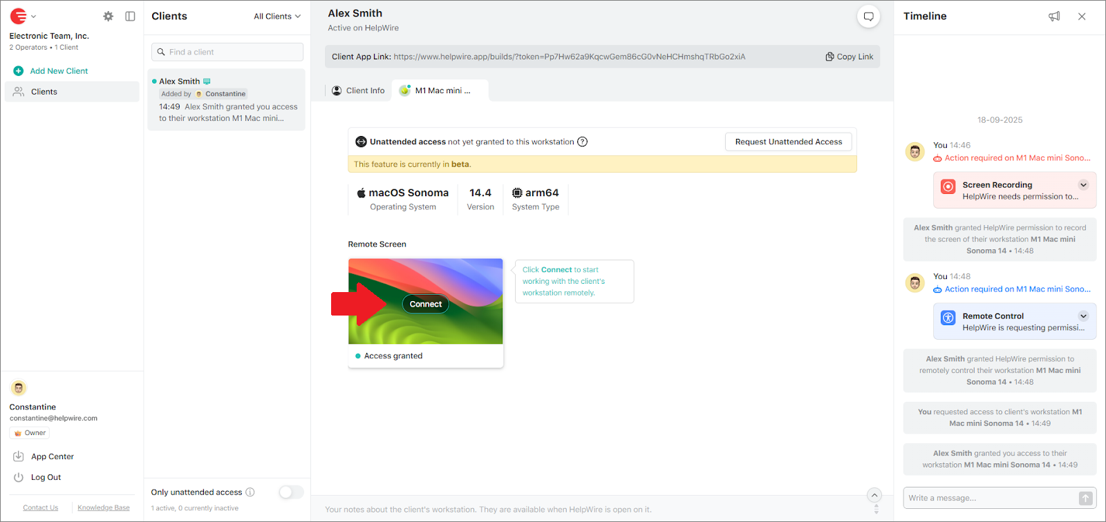 Connecting to the remote client’s workstation with HelpWire