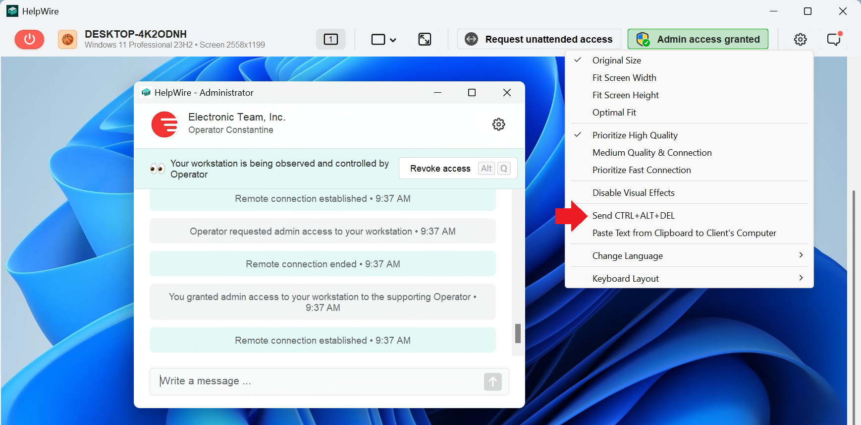 The Send CTRL + ALT + DEL option