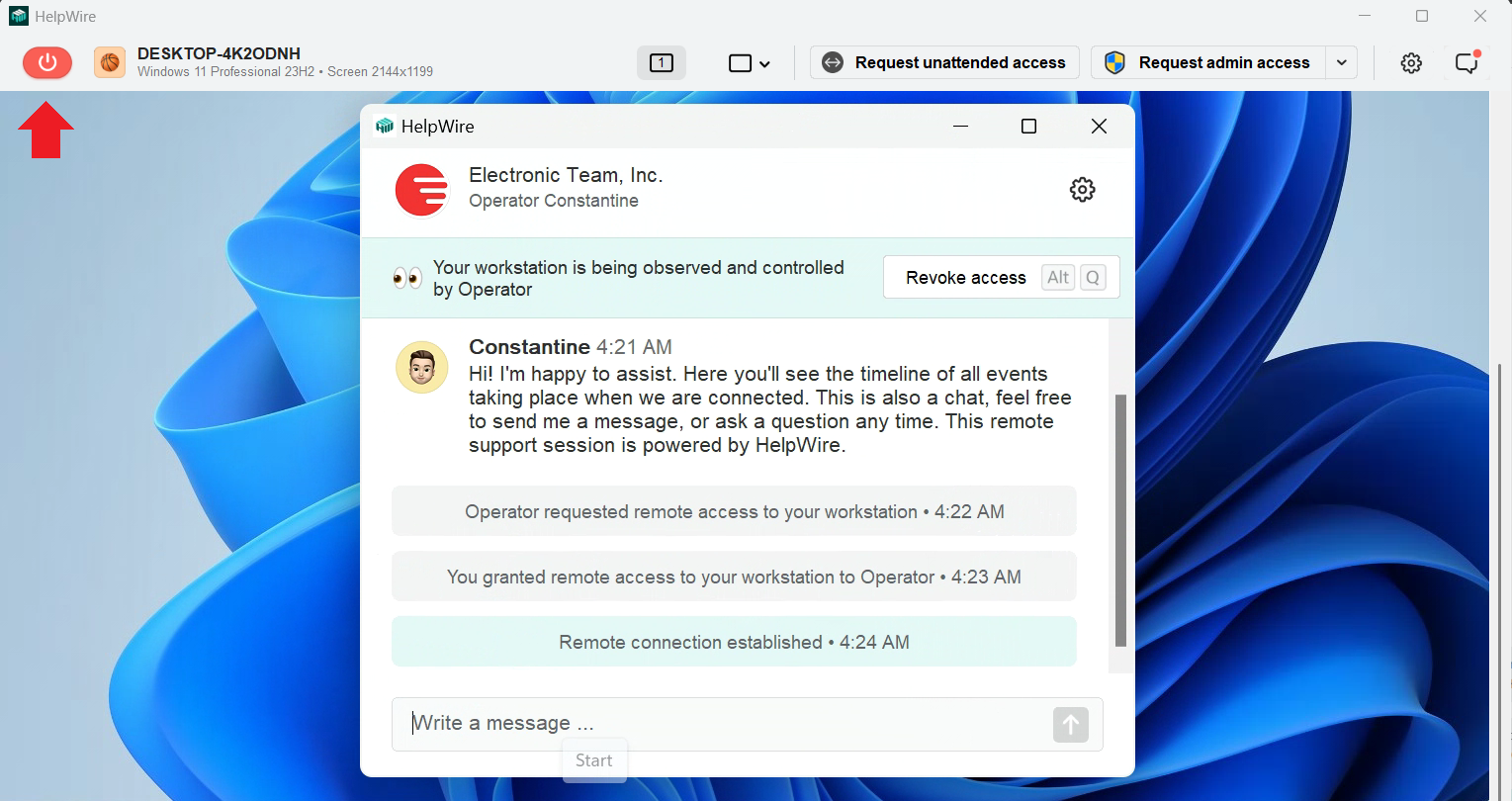 Disconnecting from the client’s remote workstation with the HelpWire Operator application