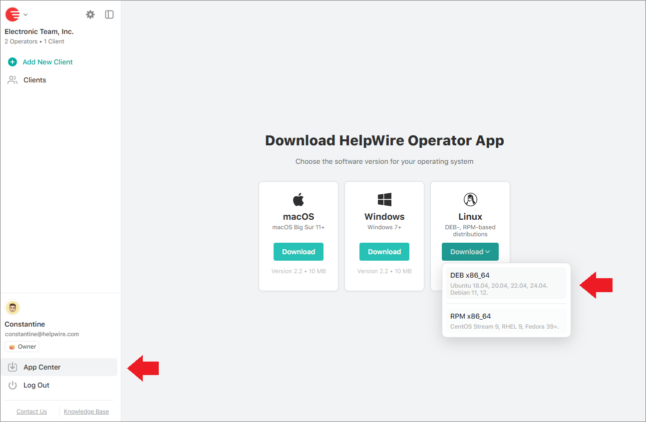 Downloading the HelpWire DEB package from the App Center