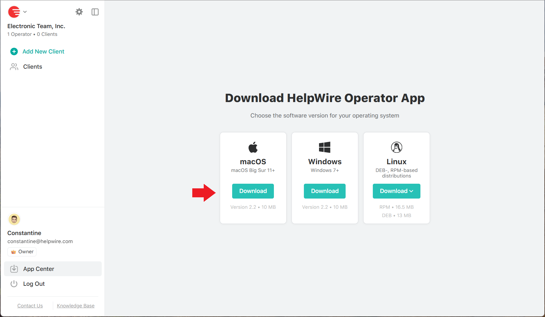 Downloading HelpWire for macOS from the HelpWire App Center