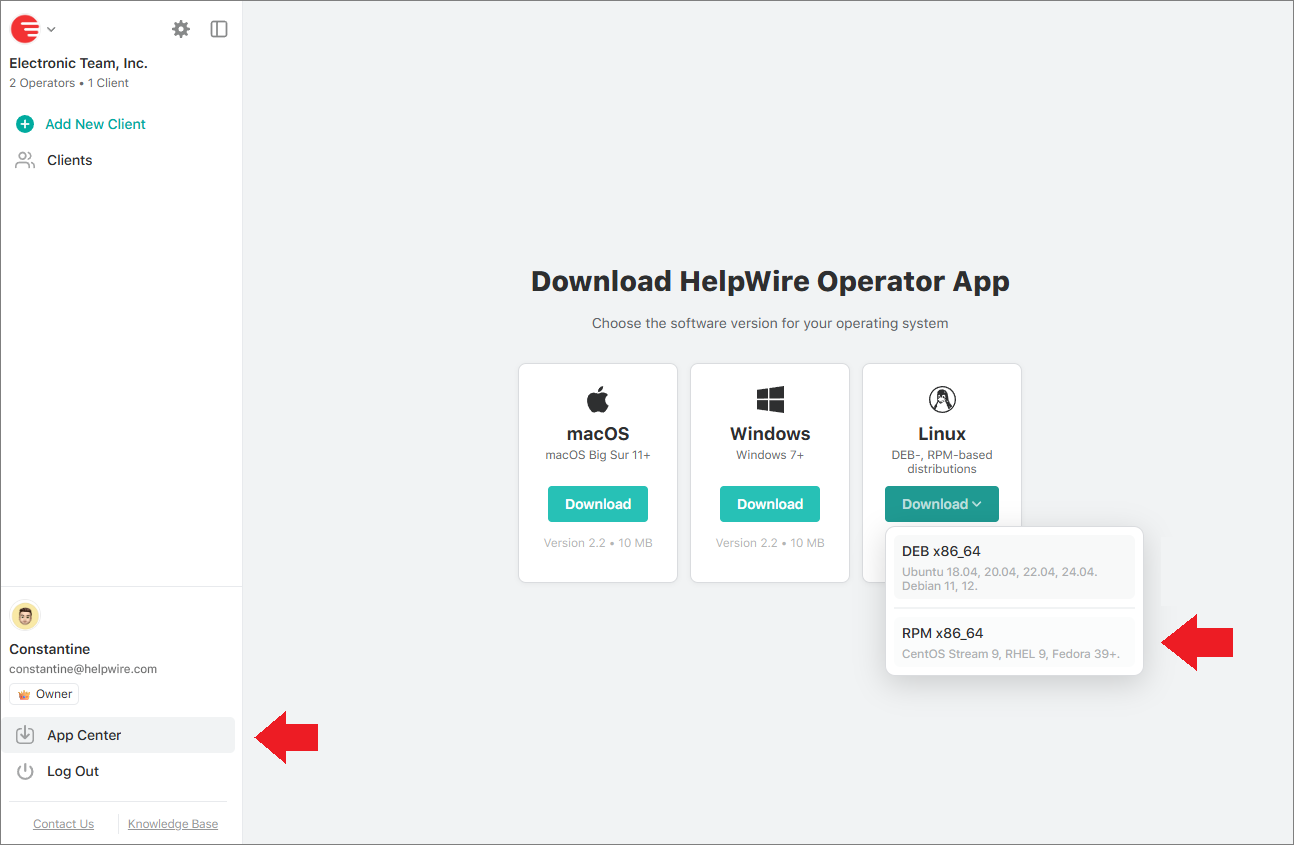 Downloading the HelpWire RPM package from the App Center