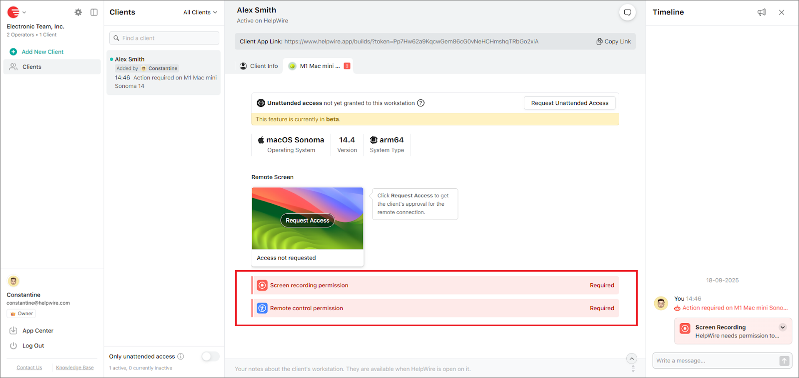 Granting screen recording and remote control permissions on macOS