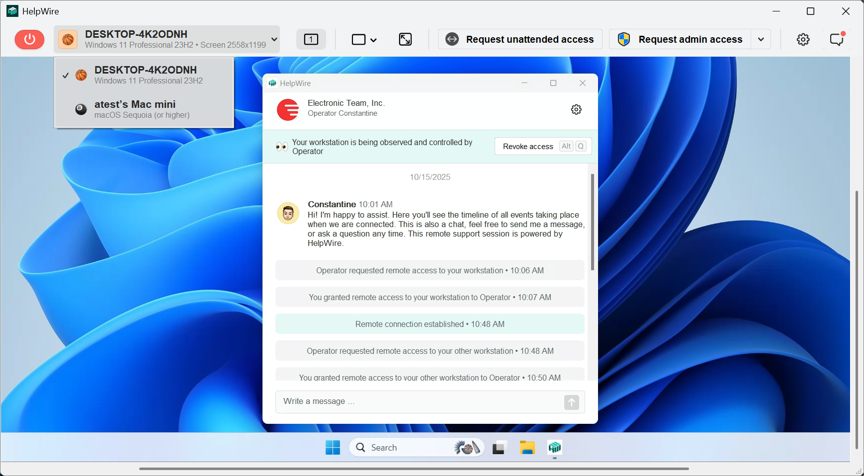 HelpWire Operator app menu