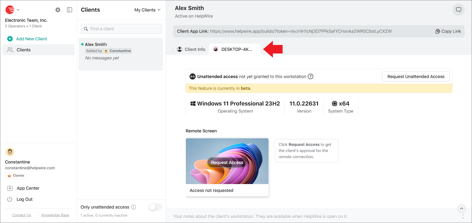 Unattended access guide: opening the tab with the required client’s workstation
