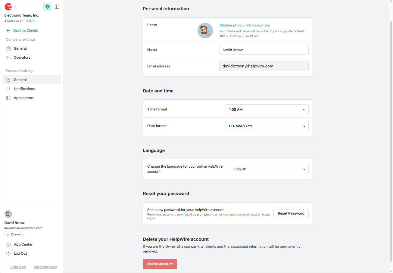 Personal settings in a HelpWire account