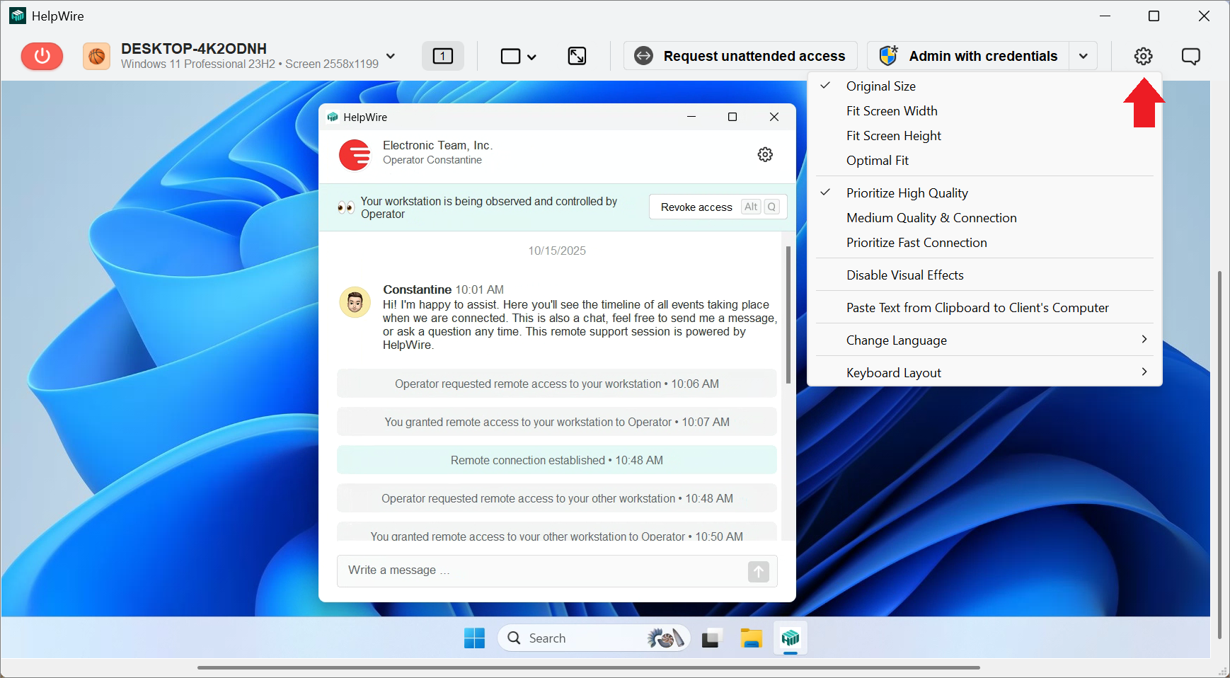 Remote connection options in the HelpWire Operator app