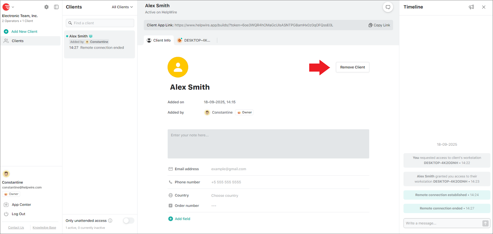 Removing the client from the operator's HelpWire web account