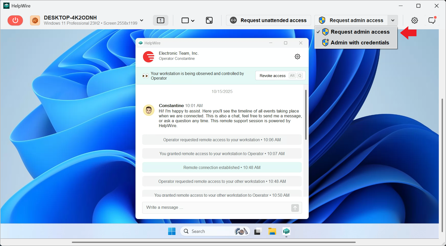 Clicking the Request admin access button on the Helpwire Operator app toolbar
