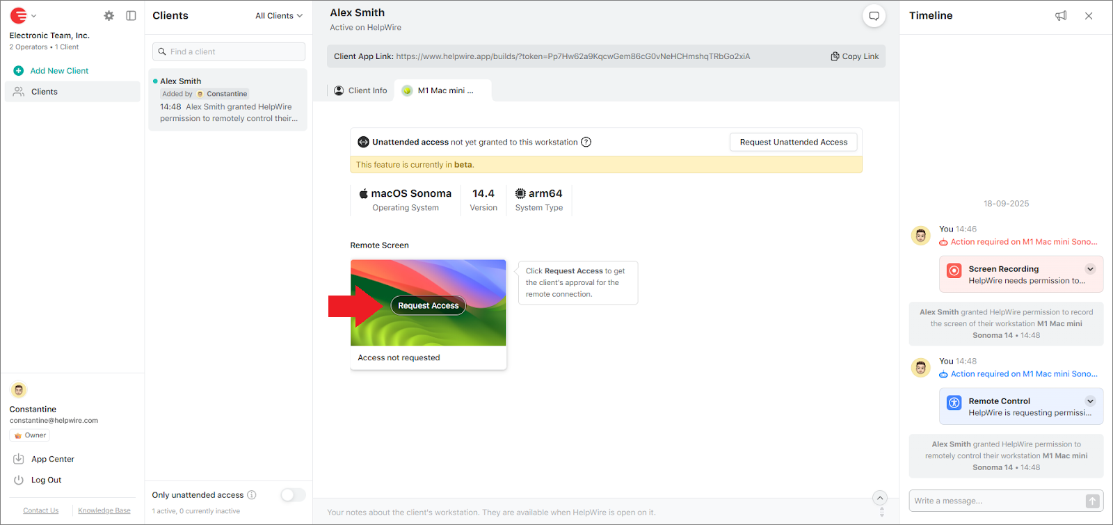 Requesting remote access in HelpWire