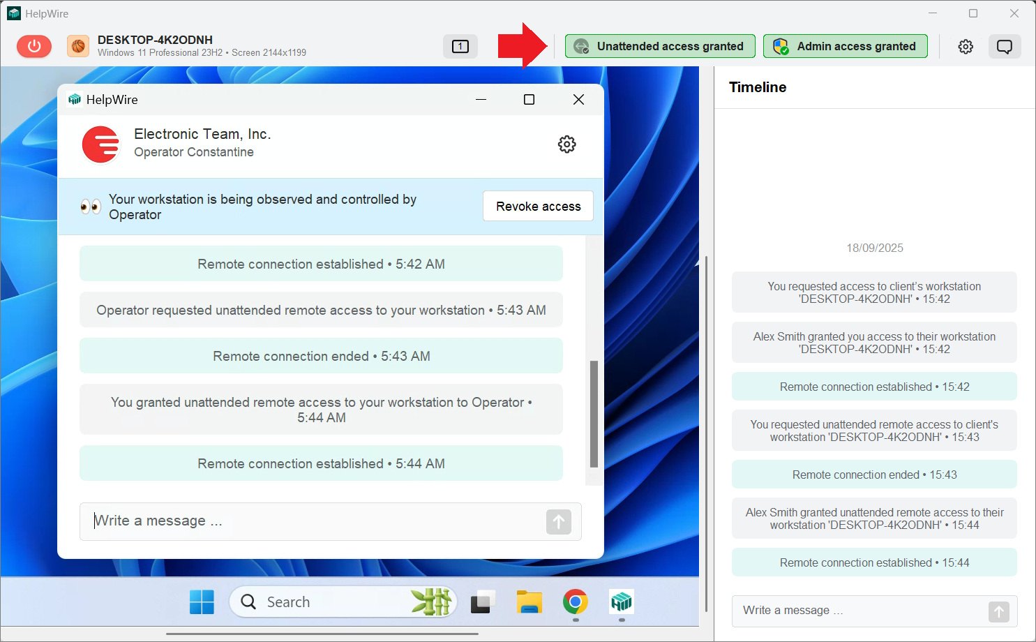 Status in the HelpWire Operator app once unattended access is granted by the client
