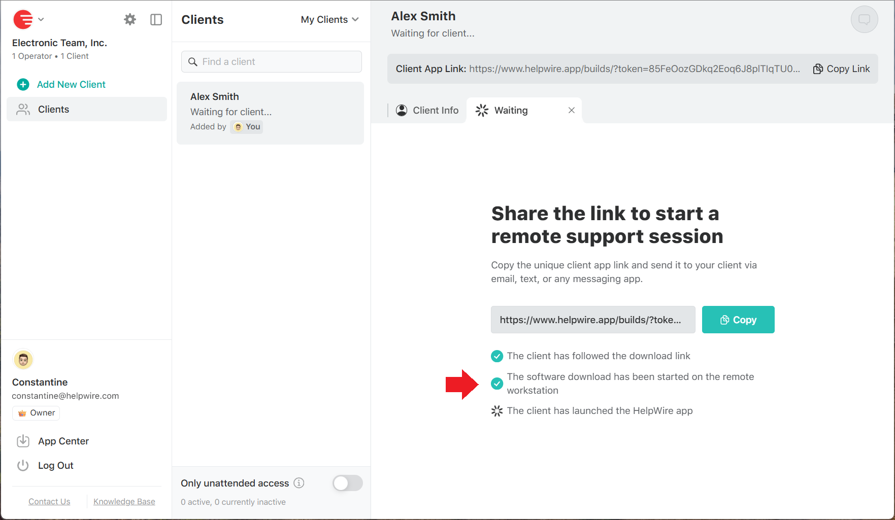 Waiting for the client to install and launch the HelpWire app