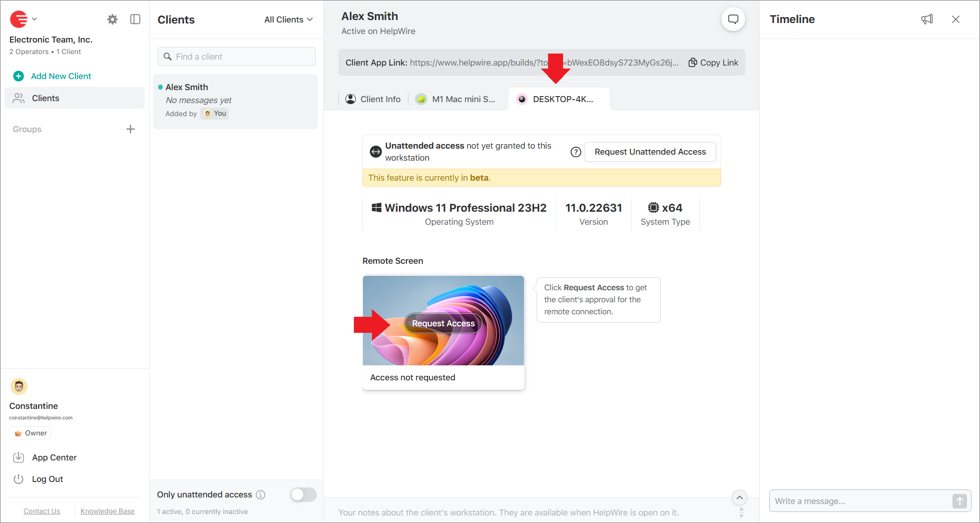 Requesting access to the client’s workstation