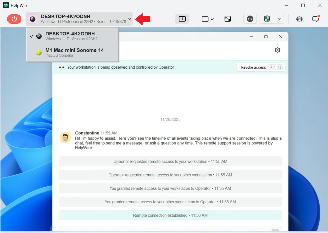 Selecting the client’s workstation in the HelpWire Operator app
