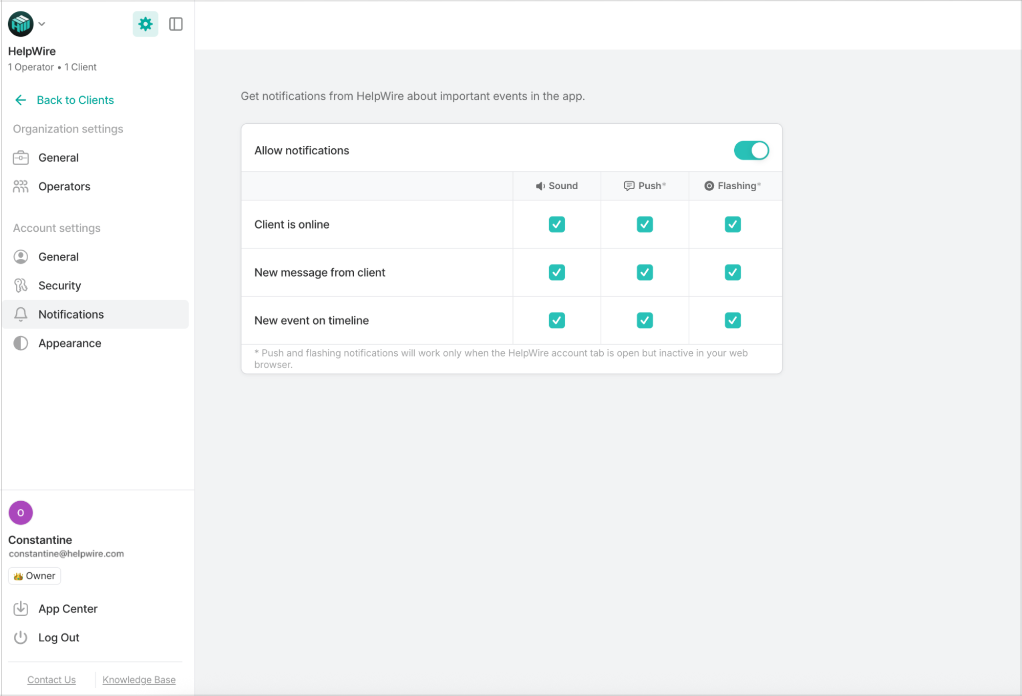 Allowing notifications in the Personal Settings