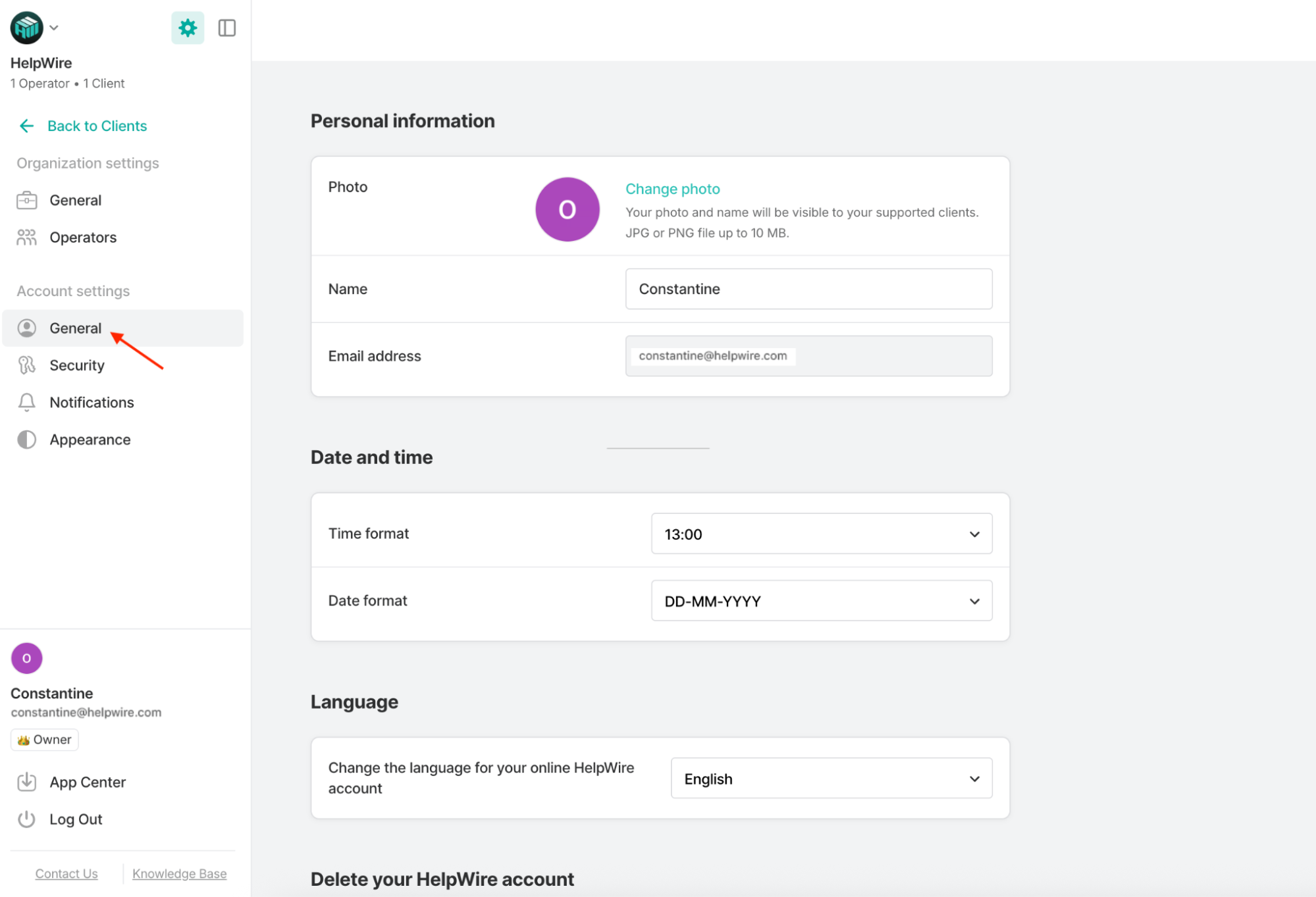 General account settings in a HelpWire account